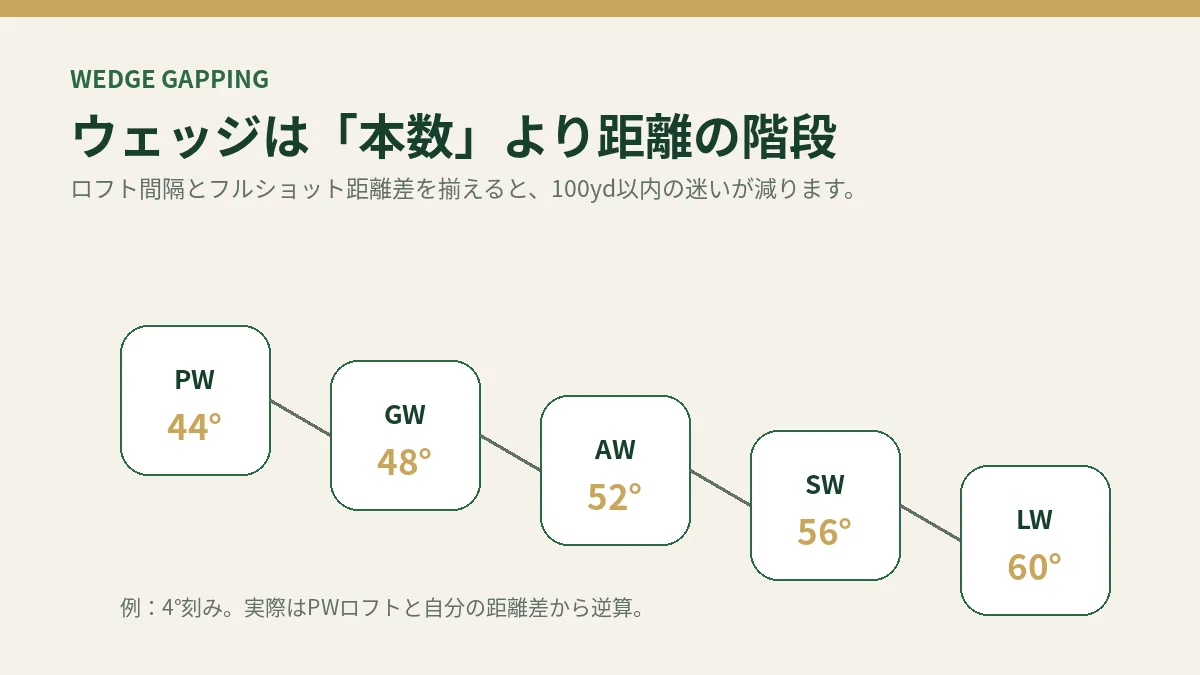 PWからウェッジまでのロフト間隔と距離の階段を考える図。
