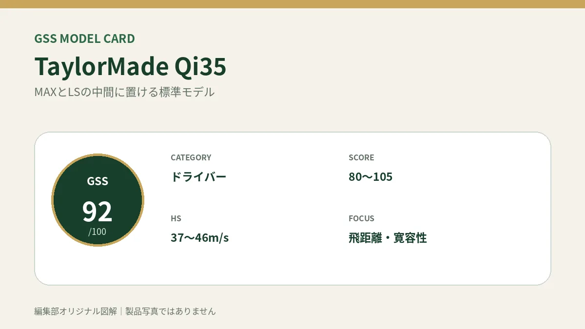 TaylorMade Qi35のGSS評価概要図。対象スコア・ヘッドスピード・重視ポイントを整理。
