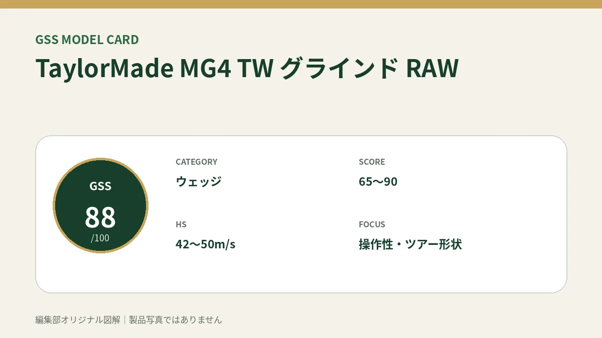 TaylorMade MG4 TW グラインド RAWのGSS評価概要図。対象スコア・ヘッドスピード・重視ポイントを整理。